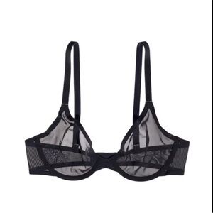 NEW CUUP Black Mesh Sheer Underwire Plunge Bra 34E Sexy Modern Minimalist